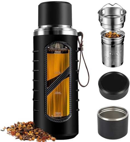 Pauzema Glas Teeflasche 1000ml mit Becher & sehr feinmaschige 2 in 1 Edelstahl Sieb to go,Glas Trinkflasche für Tee Arbeit, Job, Uni, Fitness, Outdoor mit Schuzhülle/Doppel Deckel 100% dicht 1l