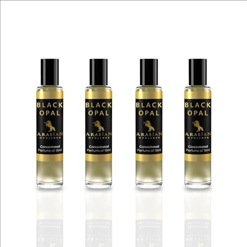 Arabian Opulence FR49 BLACK OPAL Roll-on Parfümöl | Konzentriertes Duftkörperöl | Langanhaltendes ölbasiertes Parfüm für Frauen | Reisegröße alkoholfreies sanftes Parfümöl fläschchen (15ml, 4er-Pack)