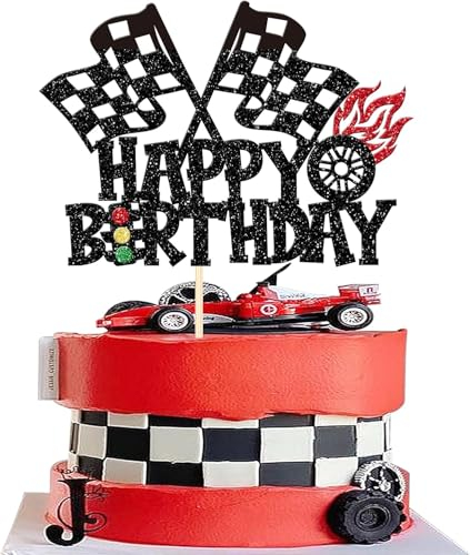 SYKYCTCY 1 Pack Racing Car Cake Topper Happy Birthday Race Car Checkered Flag Cupcake Picks Boys Girls' Birthday Racing Sports Cupcake Decorations Baby Shower Birthday Party Supplies