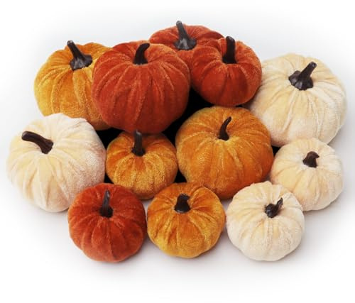 Everpwr 12Pcs Fall Artificial Pumpkins, 3 Sizes & Color Fake Velvet Pumpkin Small Foam Pumpkin for Fall Harvest Thanksgiving Halloween Autumn Party Decoration