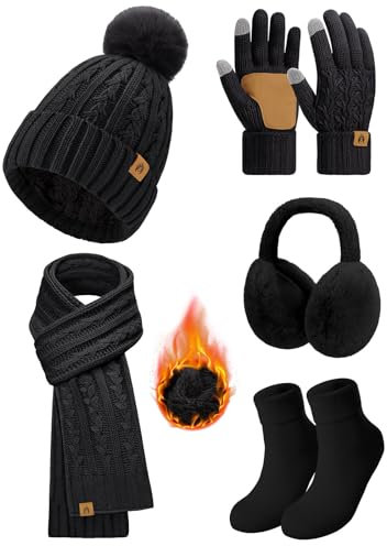 Niwicee Mütze Schal Damen Fleece Gefütterte Wintermütze Winter Wärmer Touchscreen Handschuhe Strickmütze Set Ohrenwärmer Socken 5 Stücke Set Gestrickte Warm Beanie Winter Geschenk (Schwarz)