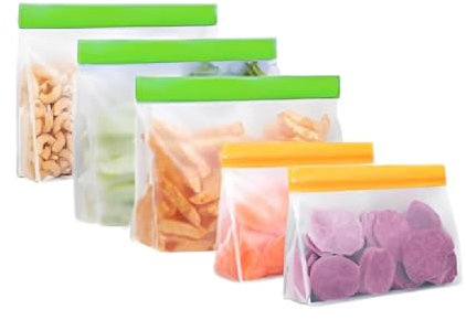 COMMLY 5 Pack Reusable Stand Up Design Food Freezer Bags, BPA Free Leakproof Silicone and Plastic Free Food Multi Use Storage Bags for Meal Prep, Fruits, Sandwich, Snack, Travel Items