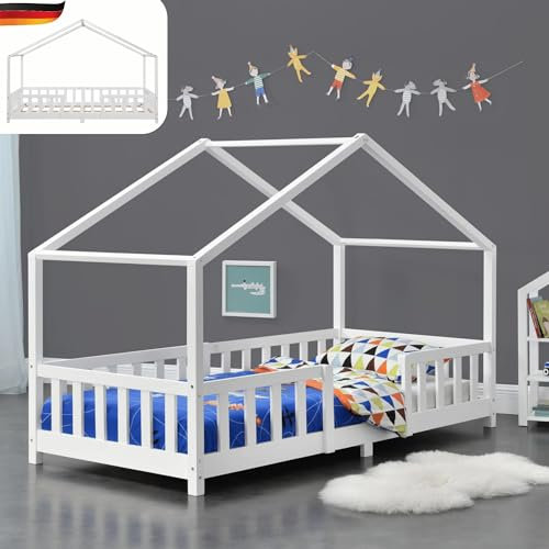 DELUKE® Kinderbett 90x200 cm Mila - mit Lattenrost, Rausfallschutz | Hausbett Kinder Haus Bett Kinderzimmer Bodenbett Einzelbett Kinder Bett Klein Kinderbett Montessori Bett | Weiß
