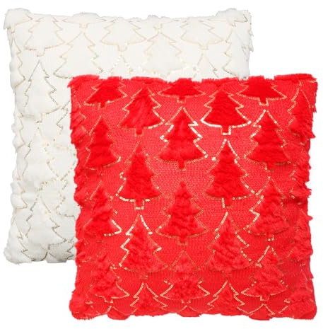 LAMEK 2 Stück Weihnachtsbaum Kissenbezug 45x45cm Weihnachten Baum Kissenhülle Weihnachts Kissen ohne Spruch Christsbaum Dekorative Sofakissen Weihnachtsdeko für Schlafzimmer Wohnzimmer, Weiß+Rot