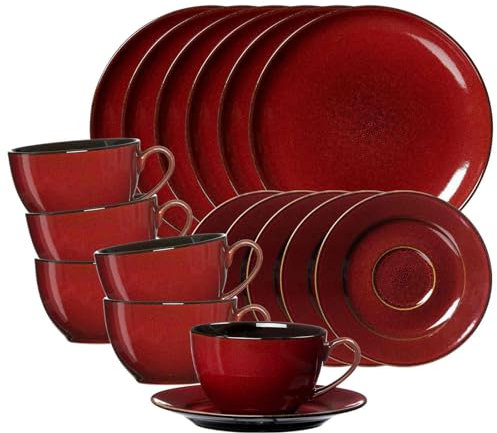 Ritzenhoff & Breker Gambia Kaffeeservice 18-teilig, Kaffeetassen (220 ml) mit Untertassen und Dessertteller (20,5 cm) für 6 Personen, Skandinavisches Design mit Reaktivglasur, Steinzeug, Rot