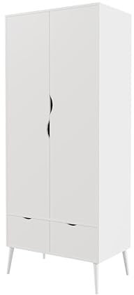 URBNLIVING 180cm Tall Freestanding White Wardrobe with 2 Door 2 Drawer Modern Shelf Clothes Storage Scandi Legs Cupboards Hanging Rail Unit for Bedroom