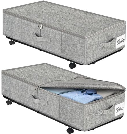 Unterbett Aufbewahrungsbox mit Rollen & 3 Griffen, 2er Set Faltbare Unterbett Kommode 50L, Faltbare Aufbewahrungsbox mit Metallrahmen für Kleidung, Schuhe, Bettdecken, Decken