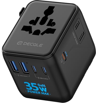 decqle “Pro” Reiseadapter Weltweit mit 3 USB-C (GaN 35W) & 2 USB-A | Internationaler Reisestecker, Universaladapter, KEIN Spannungswandler, für EU, UK, US, AU & 200+ Länder (schwarz)