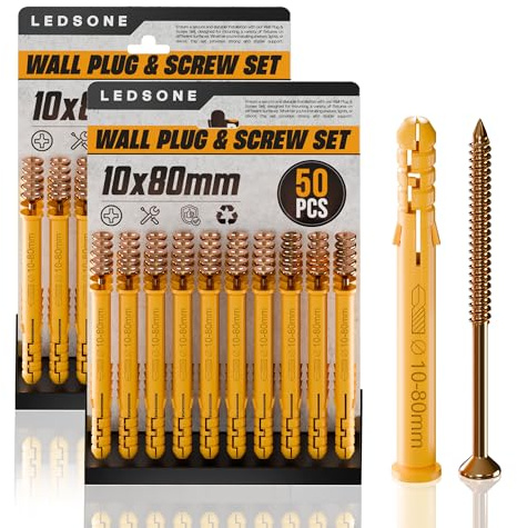 LEDSone 50pcs X 2Pack Wall Plugs and Screw 10 x 80mm Set Anchor Bolt for Masonry Brick Concrete Heavy Duty Brick Concrete Fixings Plug screws for Mounting TV