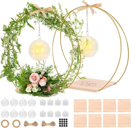8 Stück Metallringe zum Basteln, 32cm Metallring mit Fuß,Deko Ring mit Ständer, Kerzenlicht & Transparenter Acrylhänger, Deko Hochzeitsgeschenk für Hochzeitstisch Kranz Dekor DIY Handwerk