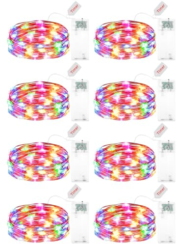 Kaleora 8 Stück LED Lichterkette Batterie mit Timer, 2M 20 LED Kupferdraht Lichterkette Innen Batteriebetrieben, Bunt Draht Lichterketten für Weihnachten Party Schlafzimmer Hochzeit Innen Deko