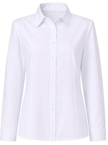 SCCGKP Women's Long Sleeve Blouses Fitted Button Down Shirt Wrinkle Stretch Formal Top for Ladies Business Casual Work Office (UK, Alpha, M, Regular, Regular, White)