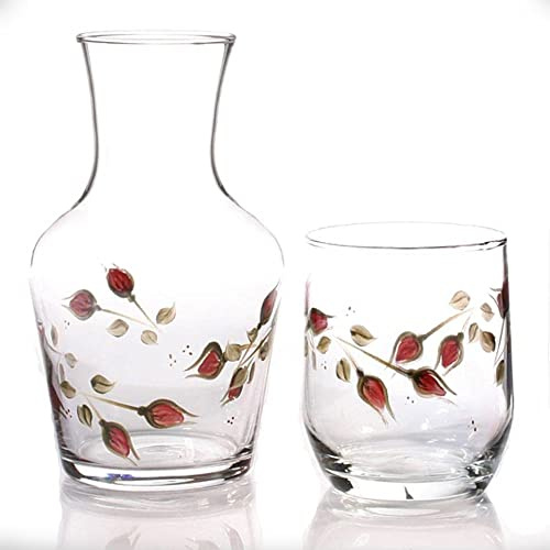 The Gift Experience Hand Painted Rosebud Carafe Set, Red, Classic, Dust-Proof Tumbler for Any Occasion