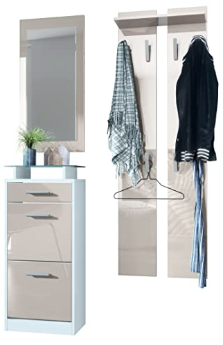 Vladon Garderobenset Garderobe Loret V2 Mini, Korpus in Weiß matt/Front in Sandgrau Hochglanz