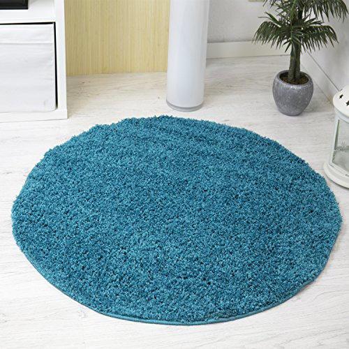 VIMODA Prime Shaggy Teppich Farbe Türkis Hochflor Langflor Teppiche Modern für Wohnzimmer Schlafzimmer, Maße:Ø 200 cm Rund