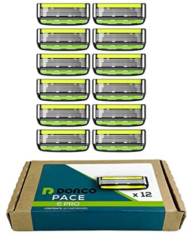 DORCO Pace 6 Pro Razor Blade Refills - Six Blade Cartridges with Trimmer, Vitamin E & Aloe Vera Strip - 12 Count, Fits Pace Pro Handles Only (No Handle Included)