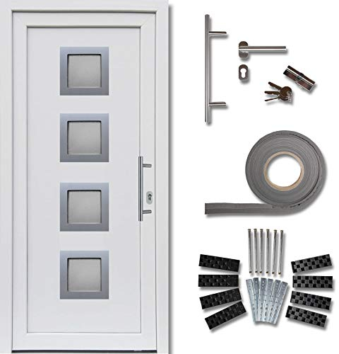kuporta Haustür Komplett-Set – Eingangstür Haustüre aus Kunststoff Modell: Modena, 88 x 200 cm, DIN links, außen und innen weiß mit Stoßgriff-Set, Montageset, Fugendichtband