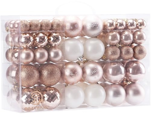 Sea Team 100 Pieces of Assorted Christmas Ball Ornaments Shatterproof Seasonal Decorative Hanging Baubles Set with Reusable Hand-held Gift Package for Holiday Xmas Tree Decorations, Rose Gold