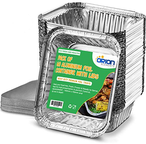 ORION ELEMENTS 60 Premium Small Disposable Aluminium Foil Trays Containers with lids Paper foil Lids 500ml. Best for Meal Prep Baking Food Storage Takeaway Tin (Pack of 60 with Paper Foil Lids)