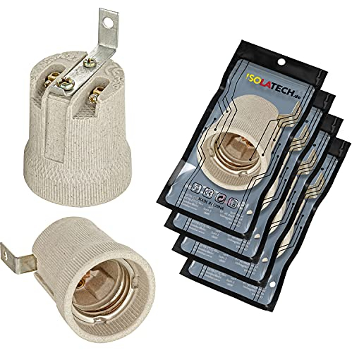 ISOLATECH 4Stk E27 grau Keramik Fassung mit Befestigungswinkel/Außenbügel (max.250V/4A) Leuchtmittel für Home Decke Installation Badezimmer Küche Kühlschrank Sockel Halterung einbauen