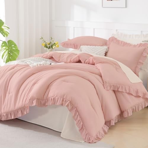Andency Parure de lit 3 pièces à Volants de Style Rustique Shabby Chic, Vintage légère en Microfibre Douce pour lit Double, Rose pâle