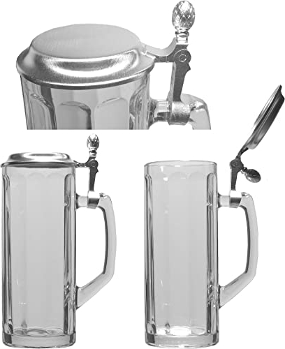 1 Bierseidel Bierkrug aus Glas Bierglas mit Henkel, geriffelt, Zinndeckel, 0,4 Liter geeicht mit Füllstrich