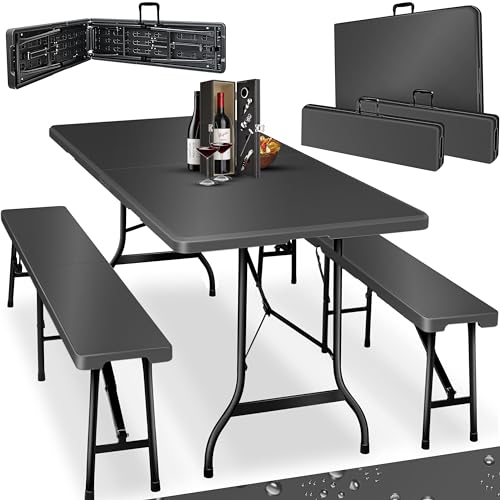 KESSER® Set tenda da birra - Set da 3 pezzi, Tavolo + 2 x Panca, per Interni - Esterni, AxLxP - 73x180x75 cm, Plastica, Set da Giardino in simil Rattan, Pieghevole, Liscio/Nero