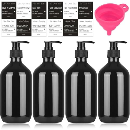 Soap Dispenser Set, 4 Pcs Shampoo and Conditioner Dispenser, 500 ML Refillable Shampoo and Conditioner Bottles Shampoo Bottle Pump Dispenser for Bathroom or Hotel(Black)