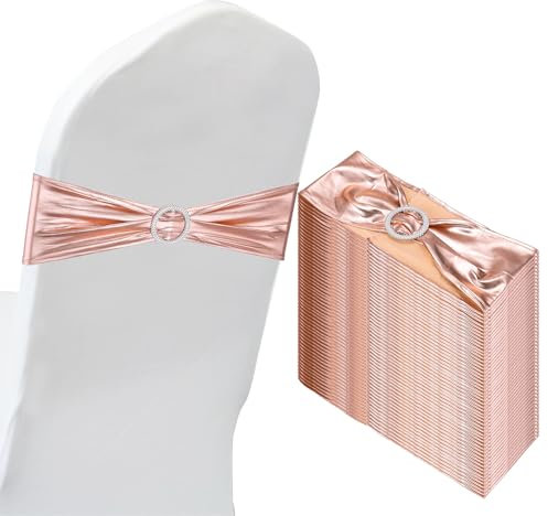 PATIKIL 14x5 Stretch Chair Sashes Bows, 50 Pack Elastic Chair Bands Sashes with Buckle Slider for Wedding Banquet Decorations, Rose Gold