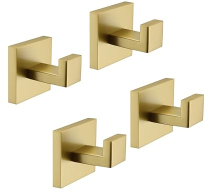 TASTOS Badetuchhaken, gebürstetes Gold, 4 Stück, Edelstahl, Kleiderhaken für Bademantel, Mantel und Kleidung, robuster Wandhaken für Bad und Küche, moderner quadratischer Stil, Wandmontage