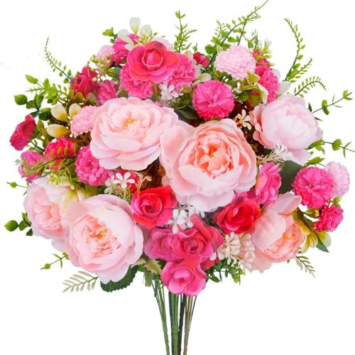 Zythrem Peony Artificial Flowers Pink Faux Flowers Fake Roses Flowers Silk Peonies Bouquets Mix Small Roses Peonies Bouquet Artificial Spring Flowers for Wedding Party Table Home Decor Graves Flowers