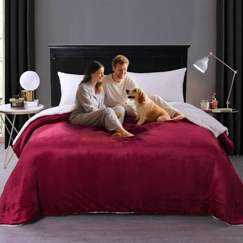 Wasserdichte King-Size-Decken für Bett, 203 x 228 cm, 3-lagig, leicht und schmutzabweisend, wasserdichte Sherpa-Bettdecke, auslaufsicher, Hunde-Spritzschutz für Couch, Sofa, Camping, Rot