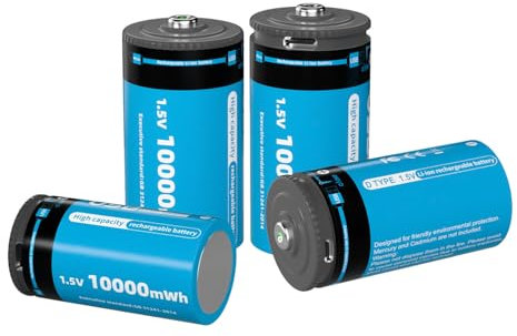 Rechargeable Lithium D Batteries 4-Pack 10000mWh High-Performance D Cell Battery 1.5V for Flashlights, Radios, Clocks, Stereos, etc.