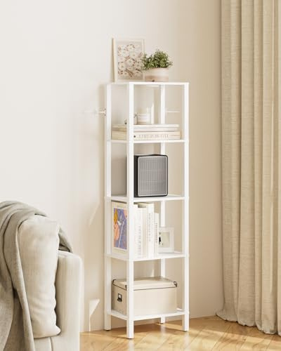 Apetaccat Bücherregal, Regal Schmal mit 5 Ebenen, Küchenregal mit offenen Regalen, 38 cm x 27 cm x 136 cm, Standregal für Wohnzimmer, Büro, Arbeitszimmer, Weiß