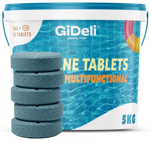 GiDeli Galets de Chlore Piscine Multifonction 5kg - Tablettes 200 g Longue Durée 4-en-1 - Anti-Algues, Stabilisé UV, Floculation - Hors-Sol, Tubulaire et Enterrée