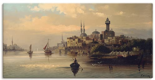 ARTLAND Wanddeko Leinwand Bilder Wandbild 150x75 cm Türkei Istanbul Fluss Boot Kauffahrtsschiffe auf dem Bosporus Impressionismus Karl Kaufmann T6QB