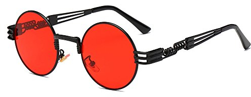 BOZEVON Retro Steampunk Style inspiré Round Metal Circle Lunettes de soleil pour femmes et hommes, Noir-Transparent Rouge