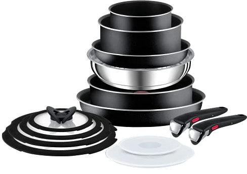 Tefal Ingenio Essential Pots & Pans Set, 14 Pieces, Stackable, Removable Handle, Space Saving, Non-Stick, Black, L2009542