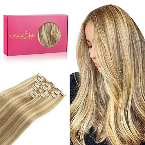 WENNALIFE Clip in Extensions Echthaar, 35cm 14 Zoll 120g 7pcs Hellblond Highlights Goldblond Hair Extensions Remy in Haarverlängerung Natürliche