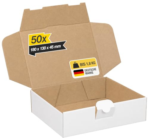 smiley pack – 50 Stück Maxibriefkartons 180x130x45 mm – Versandkarton klein | Stabiler Versandkarton mit Steckverschluss – passend für Maxibrief, Warensendung & Büchersendung