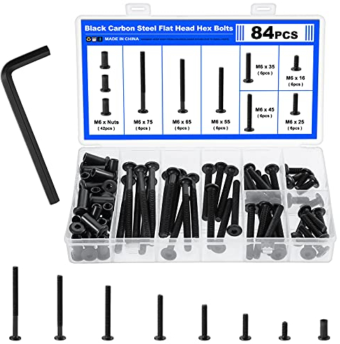 Faankiton 84 Pièces Boulons à Tête Hexagonale M6x16-75mm, Vis d'Assemblage M6, Vis de Reliure M6 en Acier au Carbone, Boulon de Reliure Boite Boulon Ecrou Vis, Vis écrou Noir avec Clé Allen
