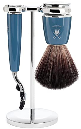 MÜHLE Rasierset Rytmo, 3-teilig, Rasierpinsel mit Black Fibre, 3-Klingen-Rasierer, kompatibel mit Gillette-Klingen, Ständer aus Metall, verchromt, Griffe aus Edelharz/Metall, petrol/verchromt