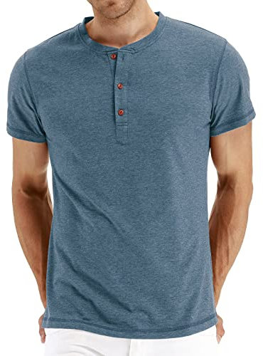 AOTORR Men's Henley T-Shirts Summer Casual Short Sleeve Front Placket Shirt AMZ028 Light Blue M