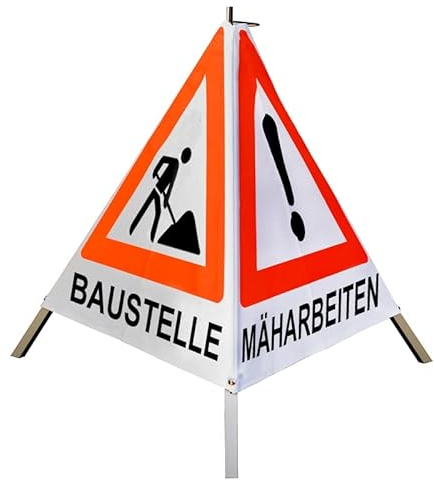 Warnpyramide/Faltsignal BAUMFÄLLUNG MÄHARBEITEN(VZ101) BAUSTELLE(VZ12), 90cm schwer, weiß-tagesl.