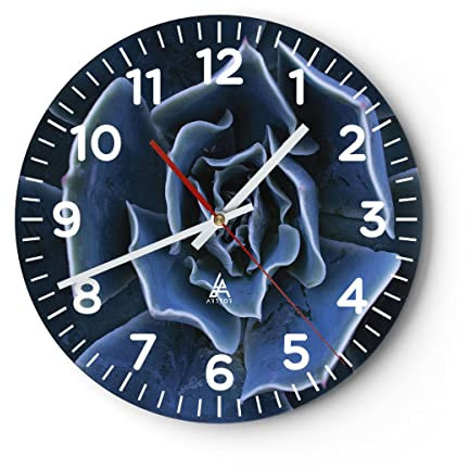 Modern Wanduhr Blau Kaktus Blume 40x40cm Rund Groß Wand Uhr Glas Analog Zimmeruhren Küche Büro Wohnzimmer Glasuhr Wall Clock Dekoration Design Wanddekoration Küchenuhr C4AR40x40-5008