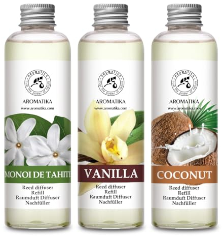 Raumduft Diffuser Nachfüller Monoi de Tahiti & Vanille & Kokos 600ml - 3x200ml - Nachfüller Set für Duftdiffusor - Reed Diffuser Refill - Raumbeduftung - Zimmerduft - Diffuser Nachfüllen - Raumluft