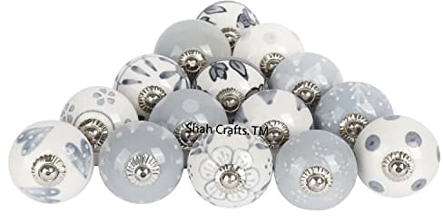 Shah Crafts. Ceramic Door Knobs,Grey and White Premium Quality Assorted Designs Handmade Vintage, Shabby Chic, Interior Furniture, Cabinet Cupboard Wardrobe Drawers Pulls Handles_(Pack of 20)