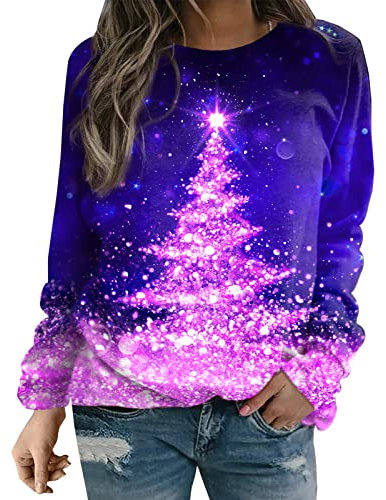 Bunte 3D Weihnachtsbaum Druck Weihnachtspullover Damen Led Christbaum Motiv Sweatshirt Weihnachtspulli Frauen Glitzer Pullover Tops Langarm Rundhals Weihnachten Festival Pulli Lose Sweater Oberteil