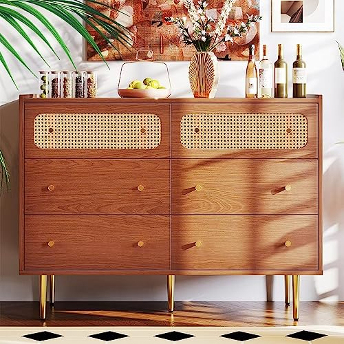 HoZeYo Kommode mit 6 Schubladen, Nussbaum Rattan Sideboardkommode Holz Mehrzweckschrank für Schlafzimmer & Wohnräume, 120 x 40 x 90 cm (B/T/H) - Nussbaum