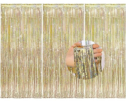 BDSHUNBF 3 Stück Lametta Vorhänge, Folie Fransen, Metallic Tinsel, Glitzer Schimmer Luftschlangen, für Hochzeit Geburtstag Party Deko Hintergrund Champagner Gold